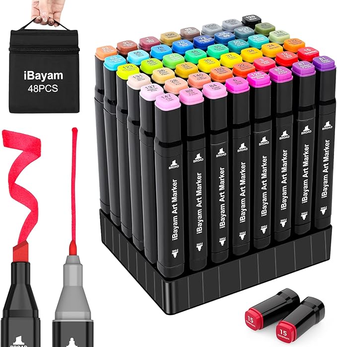 iBayam Alcohol Markers 48 Colors with Case & Holders, Dual Tips Chisel & Fine Art Markers for Adult Coloring Kids Drawing