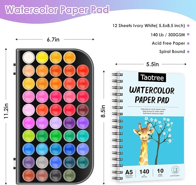 Taotree Watercolor Paint Set, 48 Colors Watercolors Kit Water Colors with 10 Paint Brushes, Brush Pens, Palette, Drawing Pad, Painting Supplies, Christmas Gifts for Adults Artist Drawing, Painting