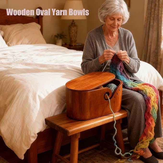 Large Oval Wooden Yarn Bowl Set – Portable Crochet Bowl with 9 Knitting Hooks + 5 Hooks + Yarn Ball, Complete Holiday Gift for Beginners & Enthusiasts Mother's Day gift