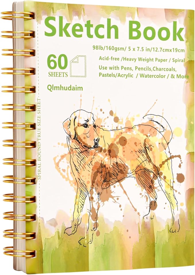 Qlmhudaim Art Sketch Book, 5"x7.5", 60 Sheets 160gsm/98lb Acid-Free Paper, Spiral Bound Sketch pad for Crayon, Marker, Color Pencil & Sketching,Multi-Medium Art Notebook for Beginners, Adults &Teens.