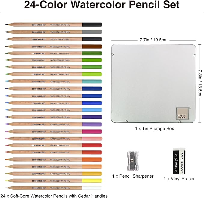 COLOUR BLOCK 24PC Premium Cedar Wood Watercolor Pencil Set with I Ideal pencil kit for Drawing, Sketching, Coloring and Painting travel watercolor pencils