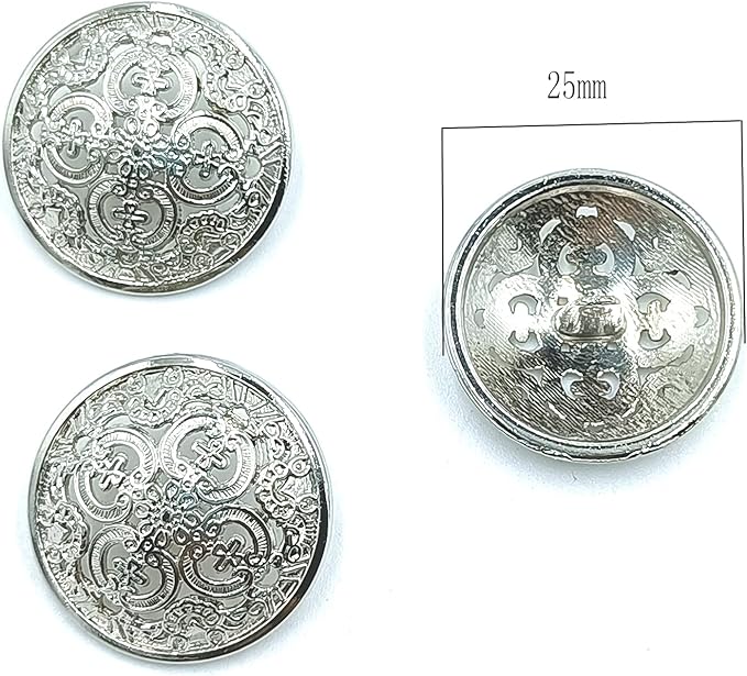 24pcs Buttons Antique Silver Color Round Shape Flower Pattern Metal Buttons for Blazers, Suits, Jackets DIY Crafts Sewing Decorations Accessory Supplies 25mm