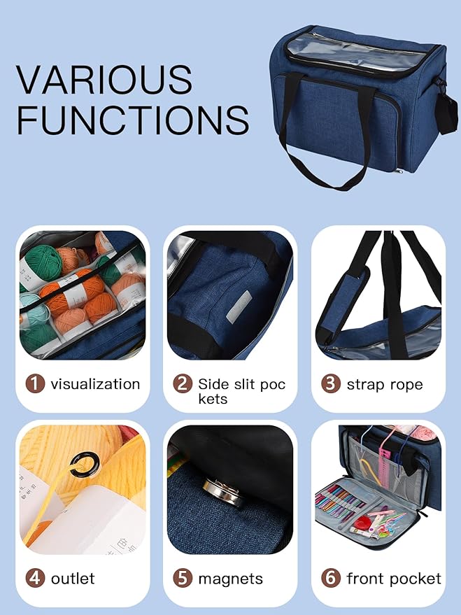 Weabetfu Large Crochet Bag Knitting Bags and Totes Organizer Huge Yarn Bag Storage for Crocheting Knitter,Crochet Hooks,Knitting Needles Kit,Supplies,Yarn - Ideal Crochet & Knitting Gift(Blue)