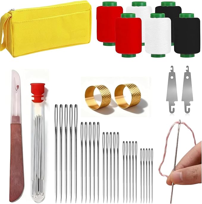 Big Eye Steel Sewing Needles Kit, 37-Piece Stainless Steel Hand Sewing Set with Thread, Thimble & Threader, for DIY Crafts, Home Travel Mending and Emergency Repairs on Leather and Denim