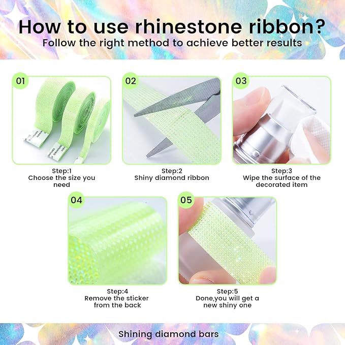 Novani Self Adhesive Rhinestone Ribbon, 0.39 Inch Wide 3 Yards 1 Roll, Light Green AB Diamond Bling Strips for DIY Crafts, Glitter Resin Rhinestones Tape for Crafting, Car Decoration