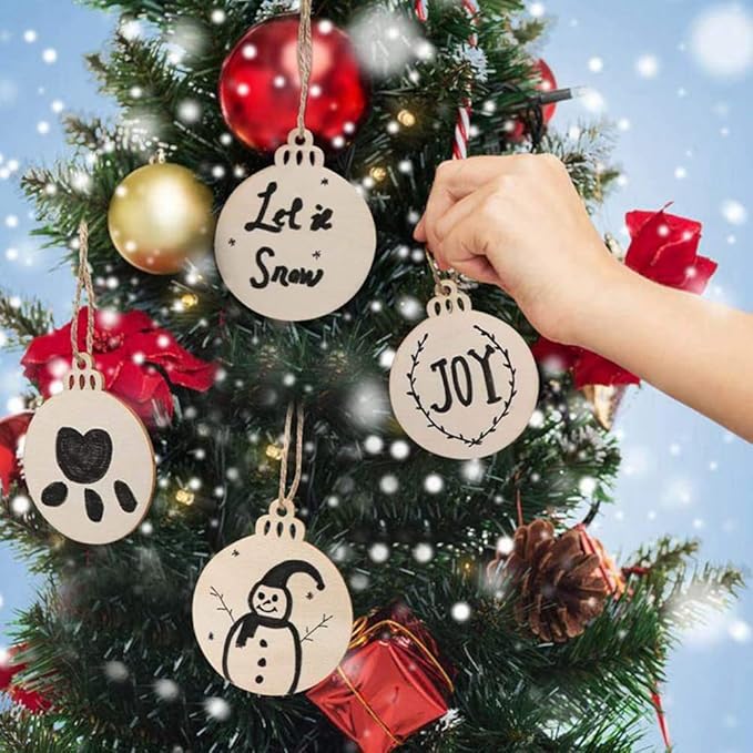 60pcs Wooden Ornaments, BetterJonny 3.15 * 2.56in Unfinished Natural Wood Slices with Holes Blank Wood Discs with 60pcs Jute Rope for DIY Christmas Decoration