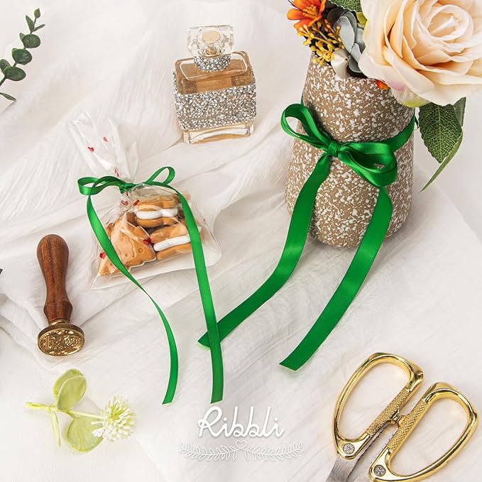 Ribbli Emerald Green Satin Ribbon Double Faced Satin 1/2 inch x Continuous 50 Yards-Green Ribbon for Gift Wrapping Crafts Wedding Decoration Bows Bouquet Floral Arrangement