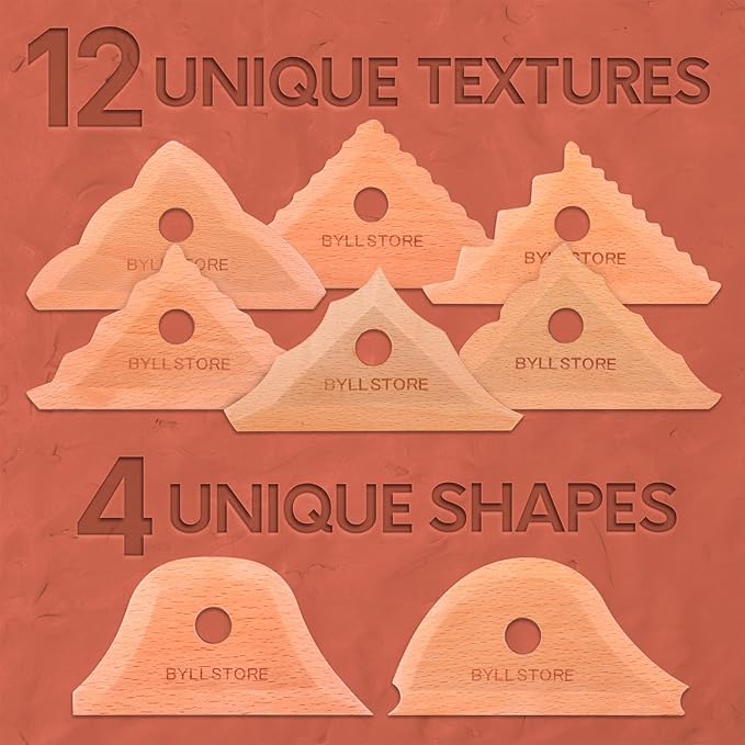 Byllstore Triangle Pottery Ribs & Trimming Tools | 2 Foot Shaper Tools | 6 Clay Texture Ribs | Solid Beech Wood | 8-Pack