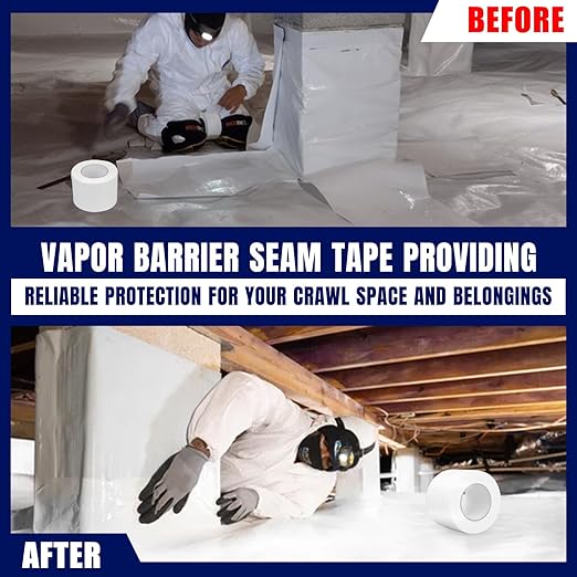 Vapor Barrier Tape, 3" Wide x 180' Long, 6 Roll, Polyethylene Tape, for Moisture Barriers and Crawl Spaces, Waterproof Seal and Seam Tape for Underlayment, Insulation and Plastic Liners