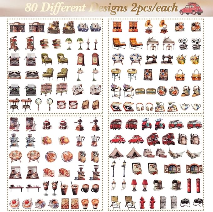 160 PCS Vintage Stickers, Retro Aesthetic Decals Set, PET Clear Waterproof Resin Stickers, Travel Foods Books Past Things Stickers for Scrapbook Diary Bottle Journals Laptop Crafts Planners