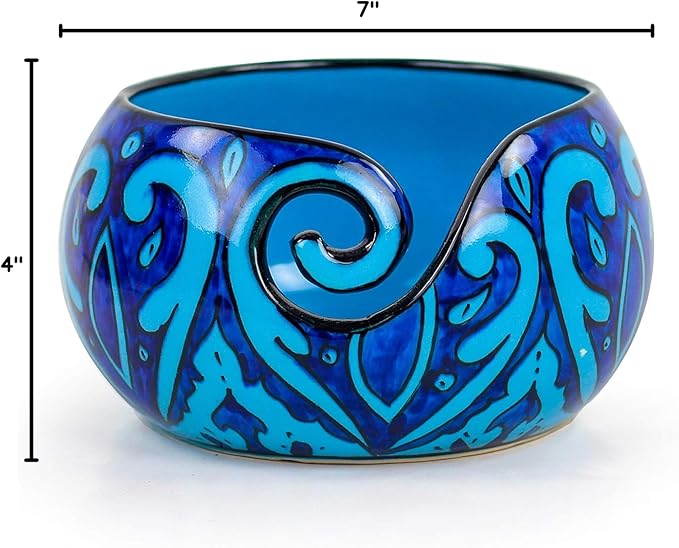Nagina International Ceramic Attractively Hand Painted Gorgeous Stoneware Yarn Ball Storage Bowl With Innovative Dispensing Curl | Knitting & Crochet Accessions (Large, Deep Water Blue)