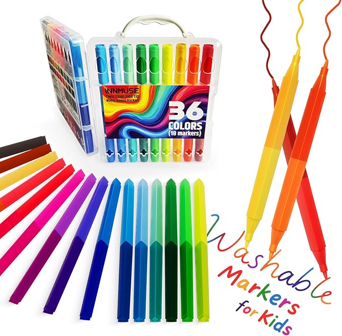 Double Sided Washable Mini Markers for Kids Ages 4–12, 36 Colors Non-Toxic Thin Markers with Travel Case,School & Travel Essentials