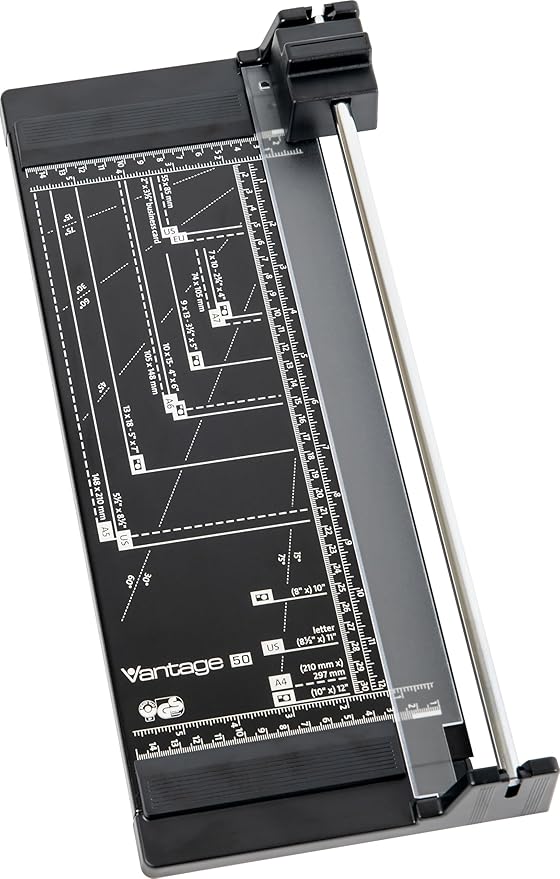 Dahle Vantage 50 Rotary Trimmer, 12" Cut Length, 5 Sheet Capacity, Self-Sharpening, Automatic Clamp, German Engineered Paper Cutter