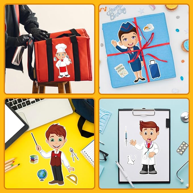 DUJAA 24 Sheets Occupation Post Stickers, Educational Stickers for Kids, Firefighter Doctor Policeman Chef Teacher, Color, Paper, Cartoon, Rectangular, Indoor/Outdoor, 24 Count