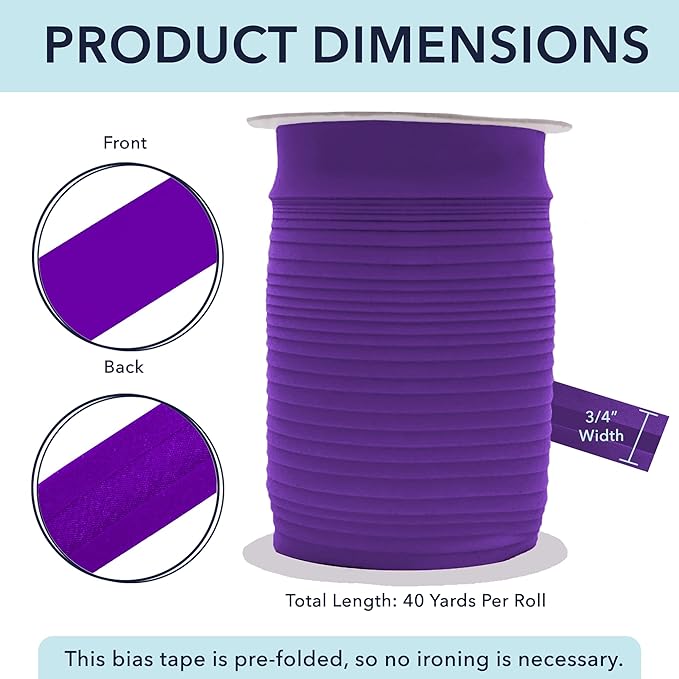 Mandala Crafts 3/4 Inch Single Fold Bias Tape for Sewing, Quilting, Piping, Hemming, Blanket & Quilt Binding – 40 Yards Purple Fabric Seam Binding Tape