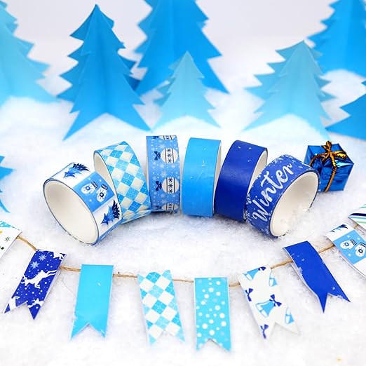 Winter Washi Tape Set,12 Rolls Blue White Holiday Decorative Tape Snowflake Xmas Tree Bell Reindeer Masking Tape for Journaling Supplies,Journal,Scrapbooking,DIY Arts & Crafts, Gift Wrapping