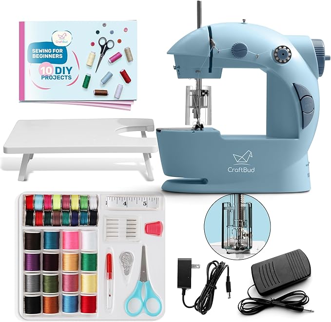 CraftBud Mini Sewing Machine for Beginners, Dual Speed Small Portable Sewing Machine for Kids and Adults with Extension Table, 48 Piece Gift Set Includes, Pedal, Projects Book, Light and More, Blue