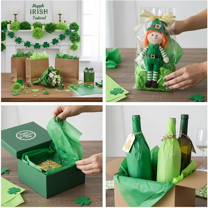 Qilery 500 Sheets Green Tissue Paper Bulk for Gift Bags 15 x 20 Inch Acid Free Decoupage Packaging Wrapping Paper Sheets, St. Patrick's Day Mardi Gras Decoration DIY Craft, Bouquet, Wedding, Shipping