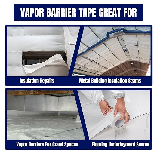 Vapor Barrier Tape, 3" Wide x 180' Long, 6 Roll, Polyethylene Tape, for Moisture Barriers and Crawl Spaces, Waterproof Seal and Seam Tape for Underlayment, Insulation and Plastic Liners