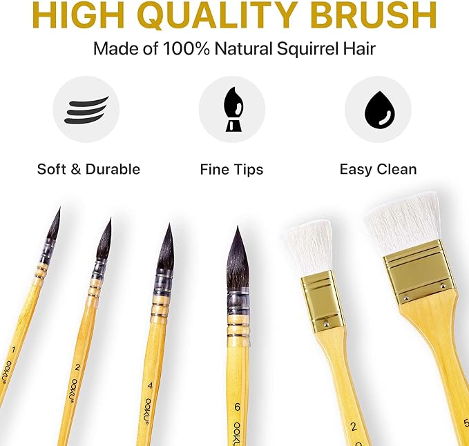 OOKU Professional Quill Brushes Watercolor Set - 6 Pc Real Squirrel Hair Blend Brushes for Consistent Flow - Short Handle Round Paint Brush for Artists, Painting, and Gouache
