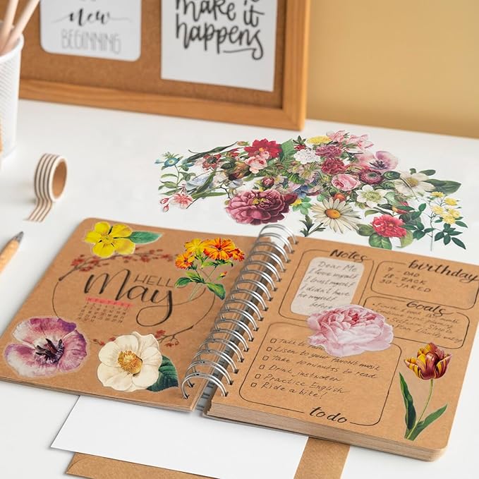 120 pcs Vintage Floral Stickers Kit - Large Junk Journal Stickers for Scrapbooking, Card Making, DIY Crafts, Personalized Letters & Bullet Journal Decor