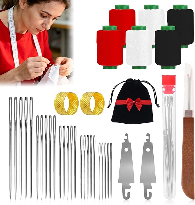 37Pcs Big Eye Steel Sewing Needles Kit, Stainless Steel Sewing Needle Kit, Multi-Purpose Sewing Kit, Portable Sewing Tool Set-Steel Needles,Thread Ripper,Thimble,Threaders Threads and Storage Bag