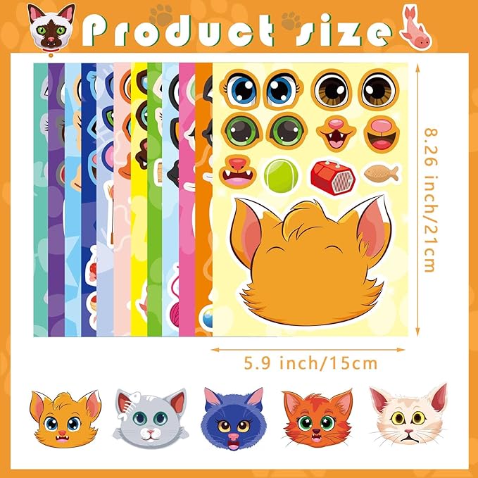 36 Sheets Cat Make a Face Sticker Sheets for Kids Todder, Make Your Own Stickers with 12 Cat Face Designs for Kids Birthday Party Favor Supplies Craft