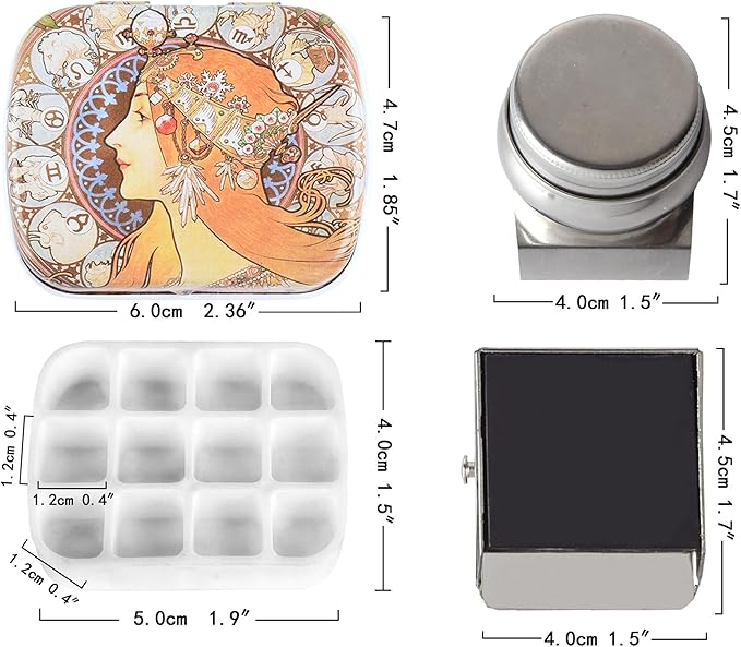 Portable Mini Tin Box,12-Well Empty Watercolor Palette,Small Paint Storage Travel Artist Outdoor Sketch Watercolor Kits with Magnetic Clip and Oil Pot.Mucha