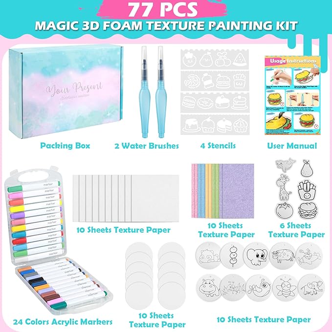 78 Pcs Magic 3D Foam Texture Painting Kit, Magic Puffy Paint Kit, Including 46 Pcs Foam Texture Paper, 24 Colors Acrylic Marker Pen, 4 Drawing Templates, 2 Water Brushes, Art Painting Kits