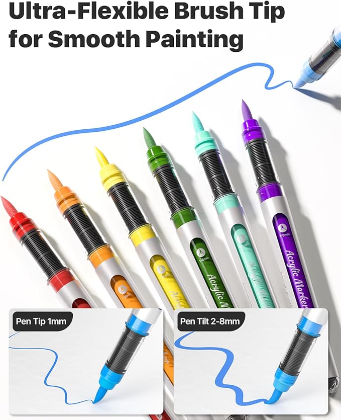 JusArt Acrylic Paint Markers Brush Tip 30 Colors, Water-Based No-Bleed Markers with Automatic Ink Control, Waterproof Acrylic Paint Pens for DIY Art & Crafts -Fabric, Rock, Wood, Glass, Ceramic, Metal