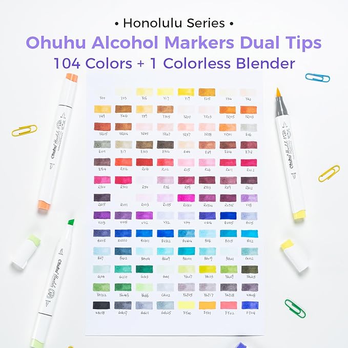 Ohuhu Alcohol Markers Brush Tip- 104-color Double Tipped Alcohol Based Art Marker Set for Artists Adults Coloring Illustration- Honolulu of Ohuhu Markers- Dual Tip Brush & Chisel- Refillable