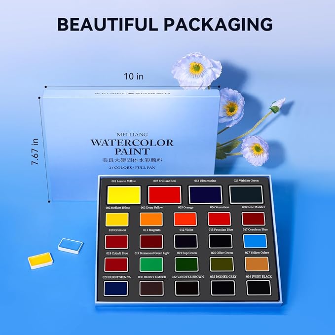 Watercolor Paint Set, 24 Colors Full-Pan Solid Watercolors with 4 Oversized Primary Colors, Highly Pigmented, Removable & Refillable Pans, Ideal for Beginners, Artists & All Skill Levels