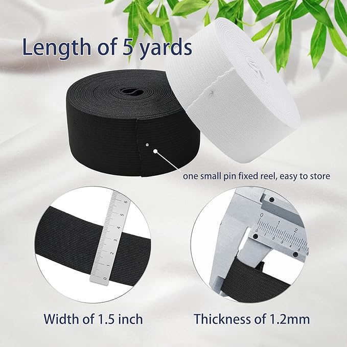 1.5'' Elastic Band for Sewing, Crafts, DIY, High Elasticity, (White 5Yards, Black 5 Yards)