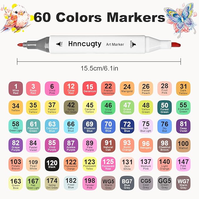 Alcohol Markers Set 60 Colors, Dual Tips Coloring Art Markers Set with Case & Holders, Chisel & Fine Artist Sketch Pens Art Supplies for Adult Coloring Books, Drawing, Painting, Sketching