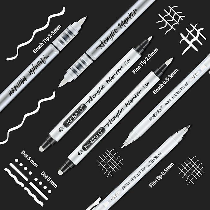 PANDAFLY White Ink Pens Set, 0.5mm Fine Point White Gel Pens Dual-Tip Acrylic Paint Pen Brush Tip Acrylic Markers for Black Paper Drawing, Sketching, Illustration, Card Making, Set of 6