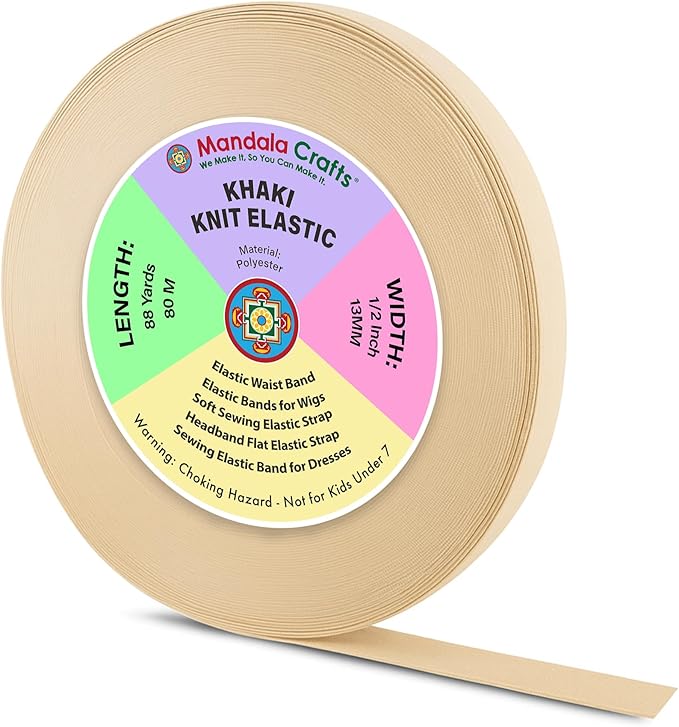 Mandala Crafts Wide 1/2 Inch Khaki Elastic Bands Spool for Pants Waistbands Sewing and DIY Crafts, 88 YD Stretchy Flat Fabric Strap Knit Elastic Band for Wig