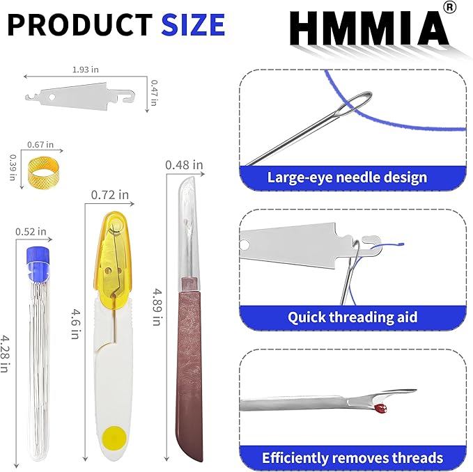 HMMIA Big Eye Steel Sewing Needles Kit, 36PCS Stainless Steel Needles for Hand Sewing, Long & Thin DIY Handmade Quilting Needle Set for Handcraft Lovers, Upholstery Repair Kit