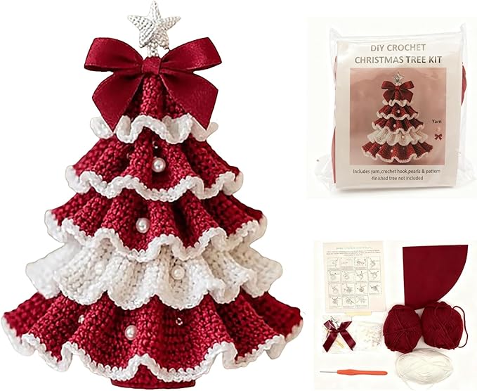 DIY Crochet Christmas Tree Kit – Handmade Holiday Decoration Set,Parent-child activities craft kit,Tree Bow Pearl Embellishment,Cross-stitch by hand,Festive decorations (Multicolour) (Red & White)