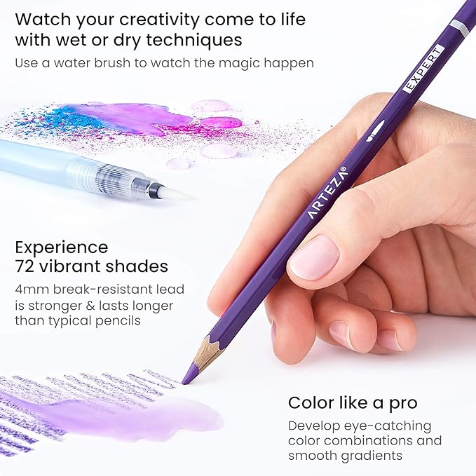 ARTEZA Watercolor Pencils Set of 72 Water-Soluble Colored Pencils for Blending, Layering, Painting, Lightfast Pigments with Soft Cores in Tin Case, Art Supplies for Adults, Artists, Holiday Gift Set