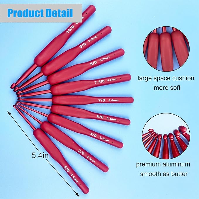 Ergonomic Crochet Hooks Set,Silicone Crochet Hook Knititng Needles for Arthritic Hands Premium Soft Grip Crochet Handles for Crocheting Yarn Craft Projects(2.0mm-6mm,Red)