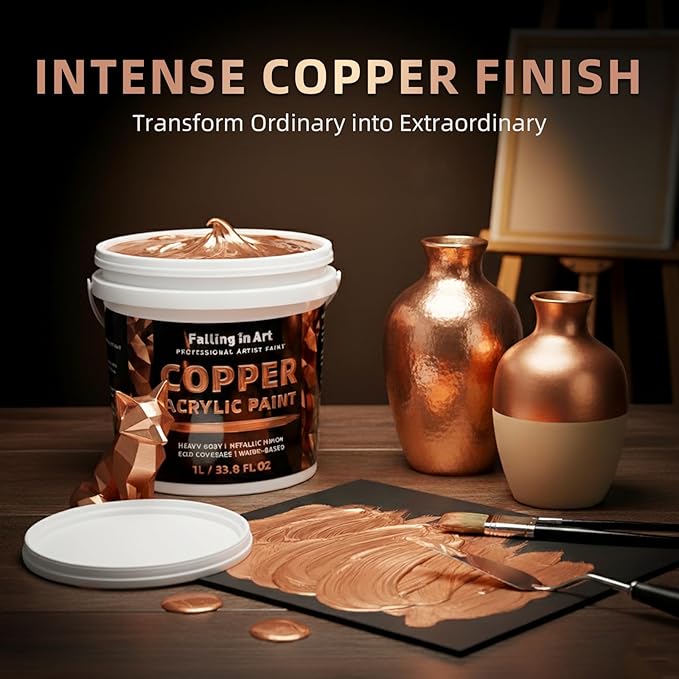 Falling in Art Copper Metallic Acrylic Paint, 33.8 Oz Heavy Body Copper Leaf Paint, Non-Toxic Art Paints for Metal, Furniture, Canvas, and DIY Crafts