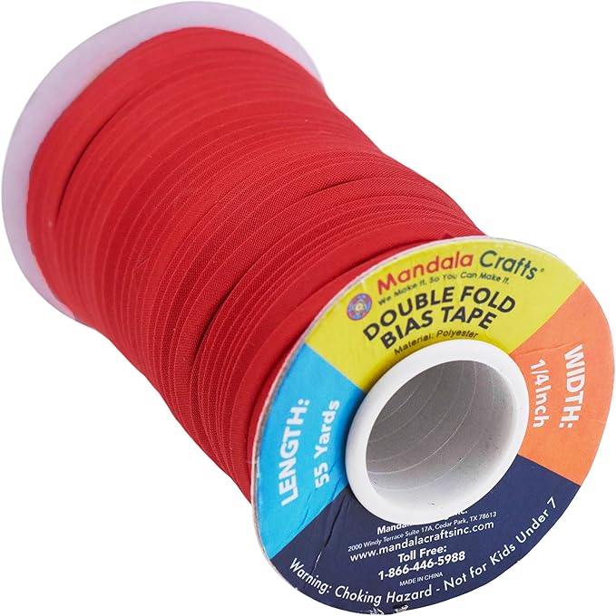 Mandala Crafts 55 Yards 1/4 Inch Red Double Fold Bias Tape for Sewing - Bias Binding Tape for Quilting Binding, Hemming, Seam, and Fabric Piping