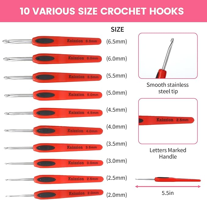 37 pcs Crochet Hooks Set, 10 Sizes (2.0-6.5mm) Stainless Steel Crochet Hooks with Ergonomic Handles with e Case，Perfect for Beginners and Professionals, Durable Crocheting Kit for All Yarn Projects