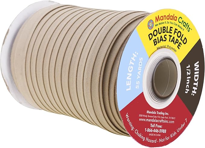 Mandala Crafts 55 Yards 1/2 Inch Beige Double Fold Bias Tape for Sewing - Bias Binding Tape for Quilting Binding, Hemming, Seam, and Fabric Piping