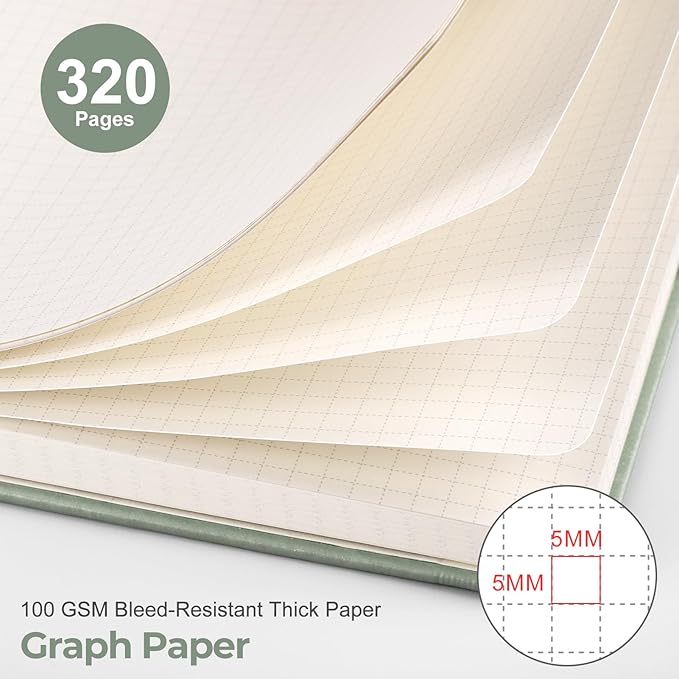 EMSHOI Graph Paper Notebook - 320 Pages, A5 Hardcover Leather, 100gsm Thick Paper, Square Grid Notebook for Women Men Work School Math Writing, Graphing, Engineering, 5.75 x 8.38, Green
