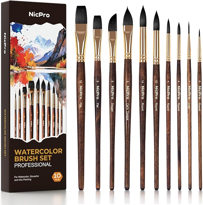 Nicpro Watercolor Brushes Professional, 10PCS Synthetic Squirrel Hair Watercolor Paint Brush Set for Artist & Beginners - Flat, Round, Dagger, Cats Tongue for Water Color, Gouache, Ink Painting