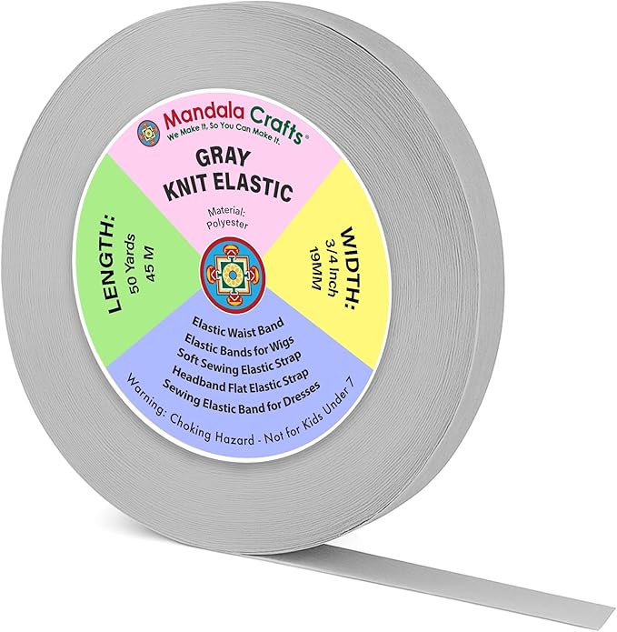 Mandala Crafts Wide 3/4 Inch Gray Elastic Bands Spool for Pants Waistbands Sewing and DIY Crafts, 50 YD Stretchy Flat Fabric Strap Knit Elastic Band for Wig