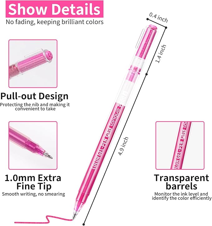 Glitter Gel Pens, 6 Pack Colored Pens for Black Paper & White Paper, 1.0mm Point Pens, Large Capacity Ink Pens for Coloring, Writing, Drawing, Journaling, Note Taking, Office, Home