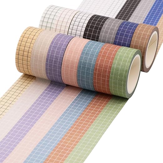 Knaid Grid Washi Tape Set, 14 Rolls of 15 mm Wide Decorative Colored Masking Tapes for Scrapbooking, DIY Decor and Crafts, Bullet Journals, Planners, Junk Journal, Gift Wrapping