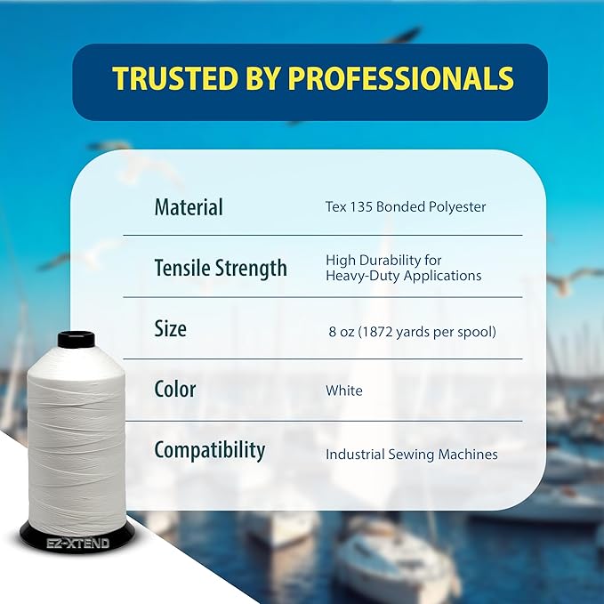 EZ-Xtend #138 Bonded Polyester Thread 100% American Made for Outdoor and Marine Fabric Sewing Applications, Awnings, Tarps, Canvas. for Heavy Duty and Industrial Sewing Machines (White, 8 oz)